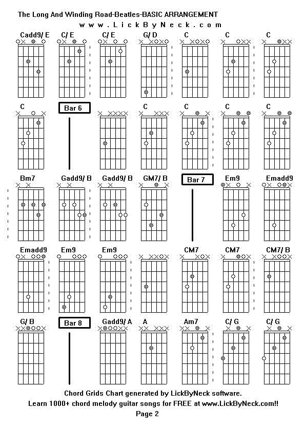 Chord Grids Chart of chord melody fingerstyle guitar song-The Long And Winding Road-Beatles-BASIC ARRANGEMENT,generated by LickByNeck software.